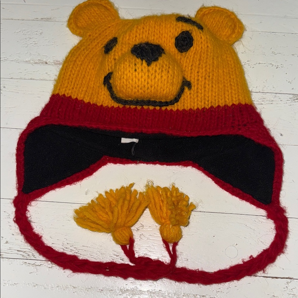 Vintage Kids' Winnie the Pooh Yellow and Red Bear Knit lined Hat with ear flaps